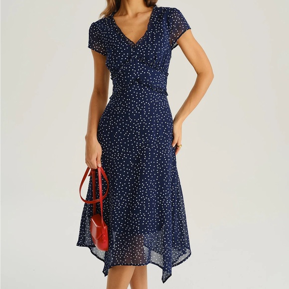 RIHOAS Dresses & Skirts - Rihoas Navy Polka Dot Cap Sleeve Midi Dress